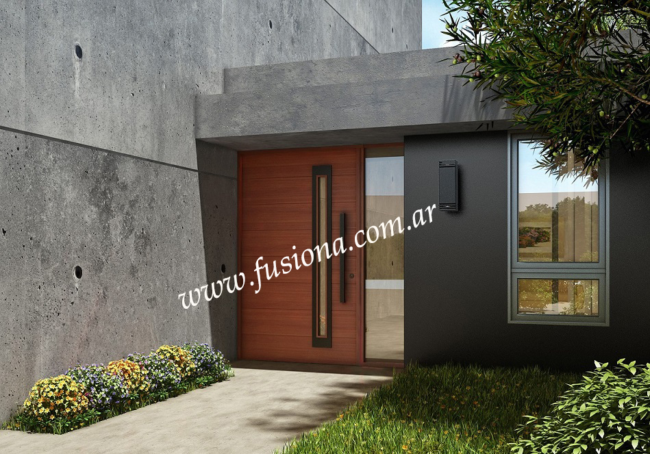 B004 puerta de entrada pivotante con aplicacion de acero inoxidable y barral vertical con pintura en polvo